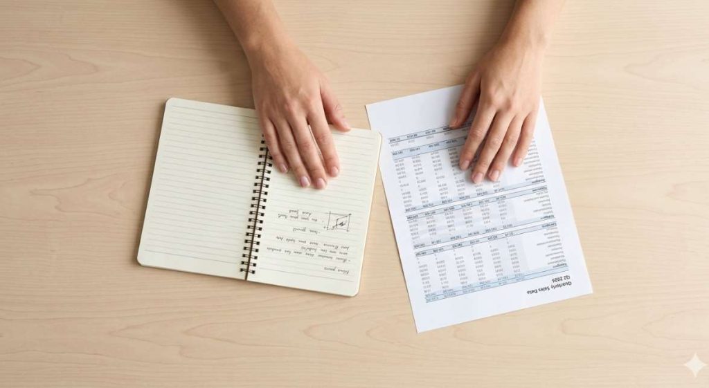 Overhead view of two hands writing customer lifetime value prediction calculations in a notebook beside a printed spreadsheet, with no screen or device in the frame.
