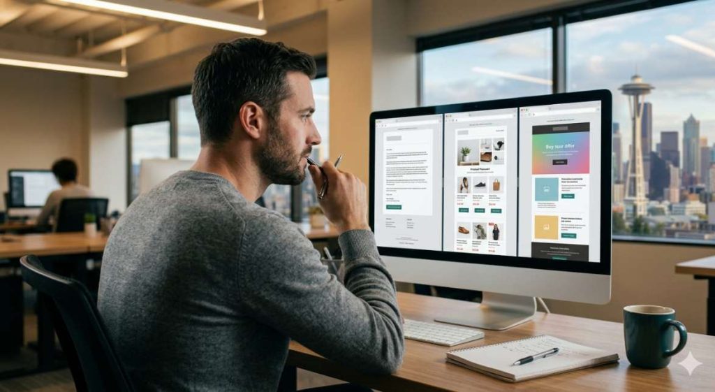 A man reviewing 3 tiered email offer templates on a monitor, representing the risk tier logic behind churn prevention ecommerce AI within a predictive customer analytics ecommerce system.
