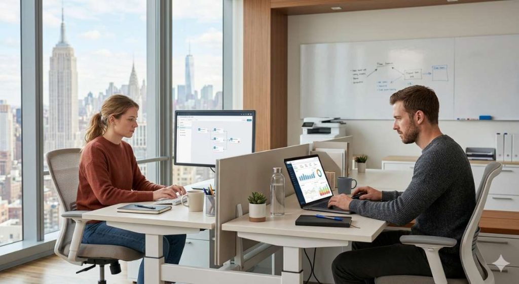 A 2-person team building a predictive customer analytics ecommerce churn model and automation flow on separate workstations in a modern US small business office.
