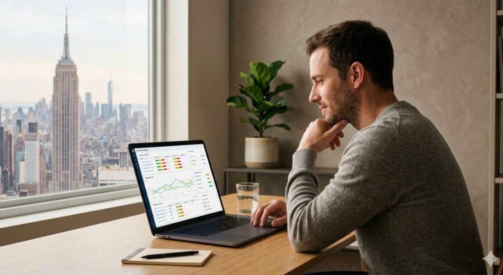 A man studying predictive customer analytics ecommerce data on a laptop to identify at-risk customers before they stop buying.