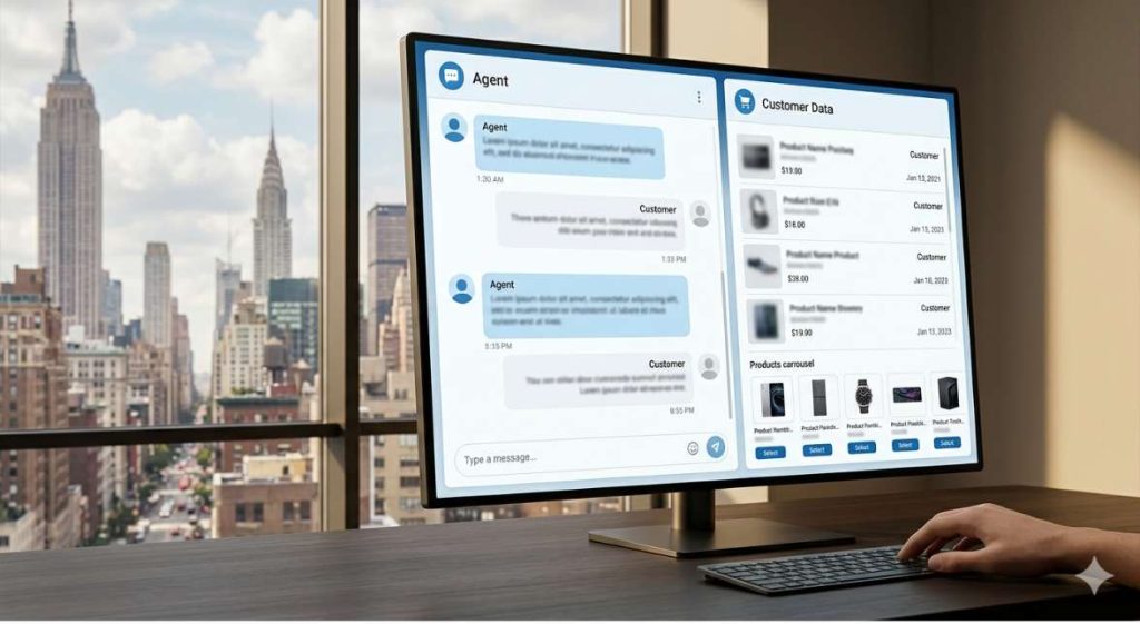 A support ticket interface showing customer order history and contextual product recommendations beside an active conversation, representing AI customer service for ecommerce post-purchase upsell logic.