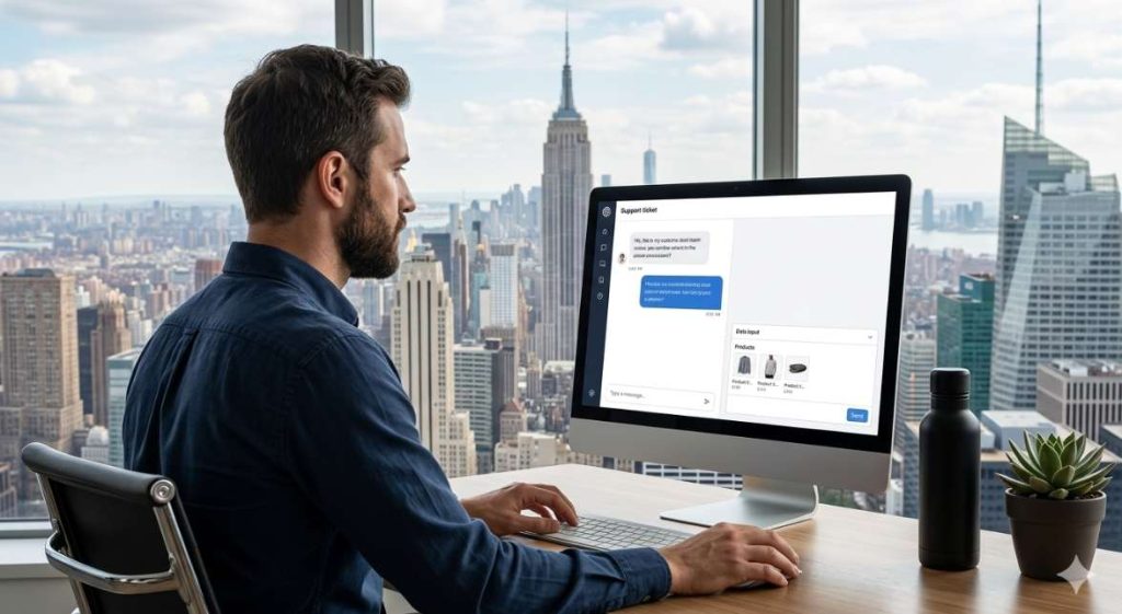 A support agent evaluating an AI-generated product recommendation pre-populated inside a helpdesk ticket before sending, representing AI customer service for ecommerce and ai helpdesk upsell ecommerce workflow.
