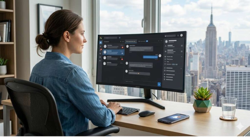 A single support agent managing multiple customer conversations with customer data in a sidebar on a large monitor, showing how AI customer service for ecommerce enables a small-team Shopify support operation.