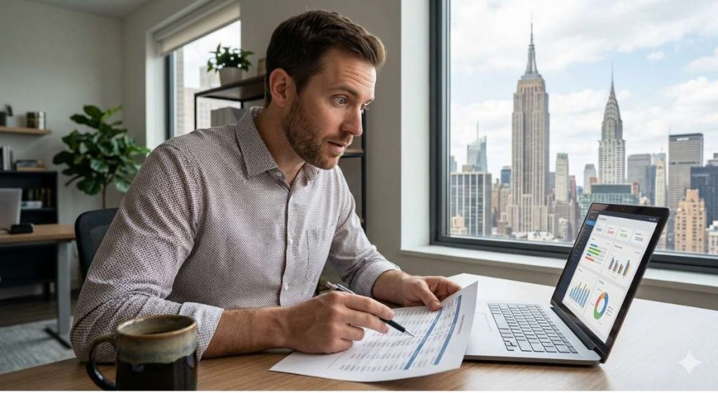A business owner comparing a printed support revenue report to an on-screen dashboard, representing the revenue attribution step that makes AI customer service for ecommerce visible as a measurable revenue channel.