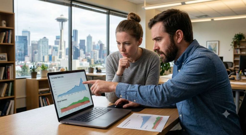 2 marketers reviewing a blanket discount campaign report with concern, representing the margin erosion problem that an ecommerce dynamic pricing strategy is built to replace.
