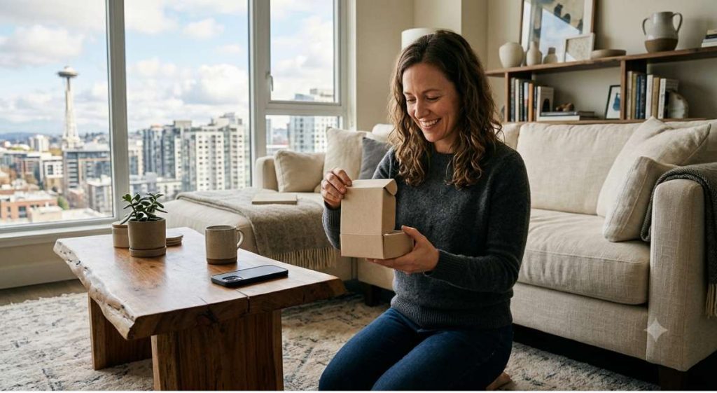A woman opening an exclusive premium product package at home, representing what VIP customer rewards ecommerce programs built on access and recognition deliver over standard percentage discounts.