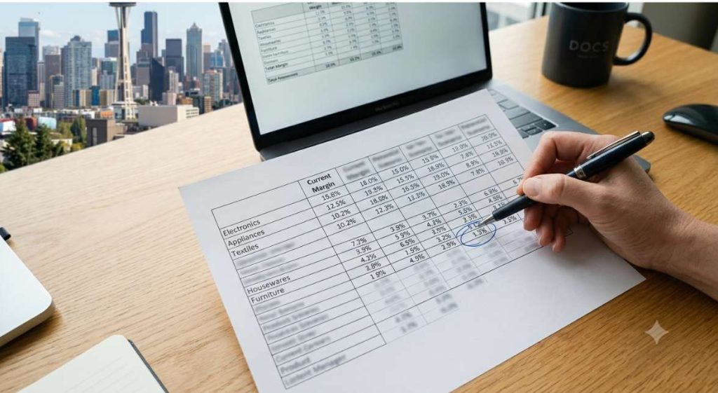 A hand annotating a printed product margin spreadsheet, representing the contribution margin floor calculation that anchors every discount decision in a margin protection ecommerce strategy.
