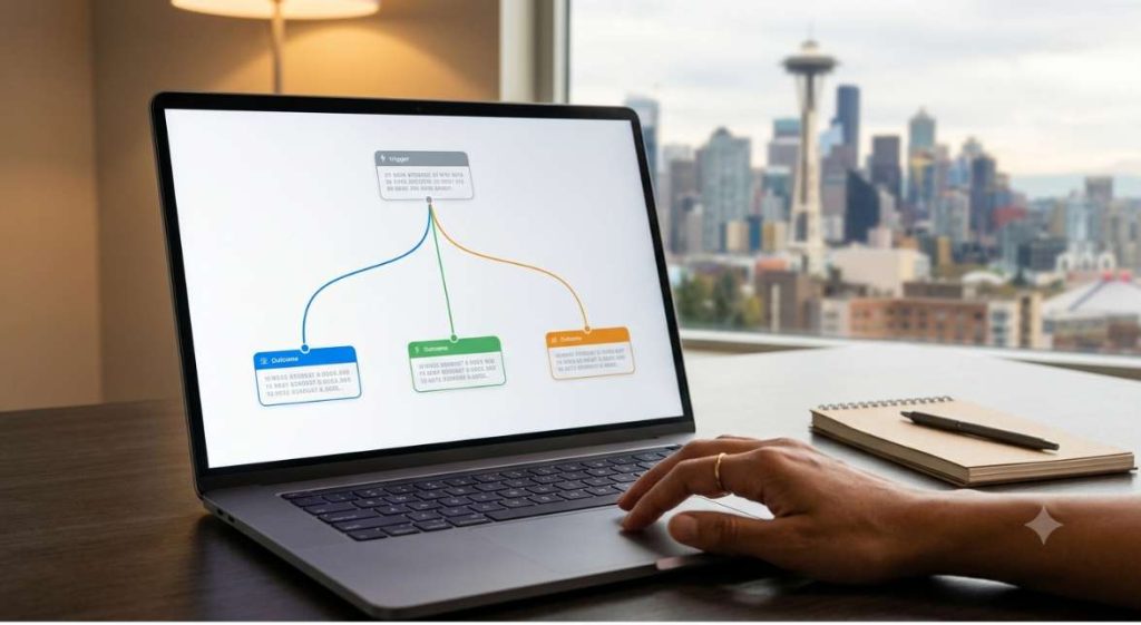 A laptop screen showing a 3-branch conditional automation flow, representing the AI pricing strategy ecommerce logic that evaluates customer data in real time to assign each customer to a distinct offer tier within an ecommerce dynamic pricing strategy.