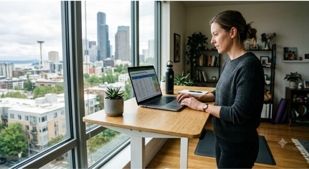 A woman reviewing customer segment pricing data on a laptop at a standing desk, representing an ecommerce dynamic pricing strategy built on differentiated, LTV-based offer tiers.