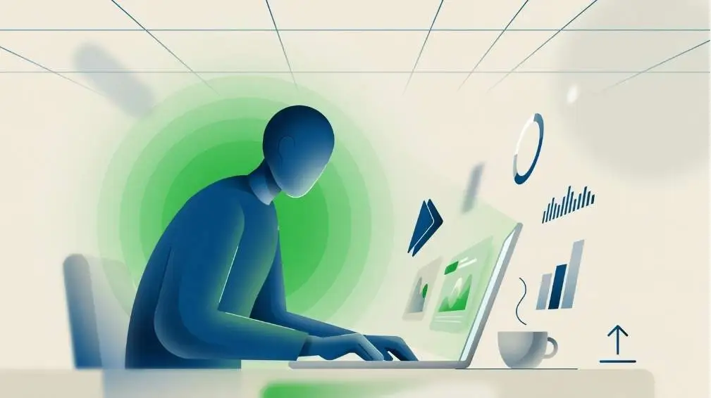 	
A content creator working efficiently on a laptop surrounded by a green aura representing productivity with free AI writing tools.