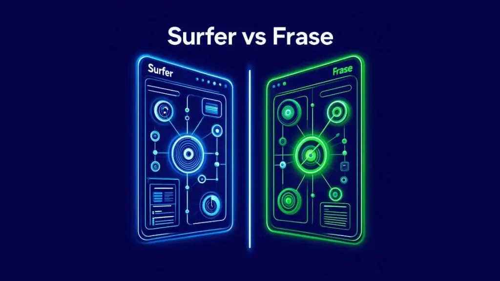 surfer seo vs frase content optimization 2026 comparison showing two ai seo tools